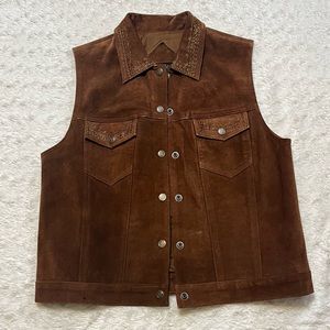 VINTAGE Brown Suede Button Snap AGAPO Vest with Embroidered Detail